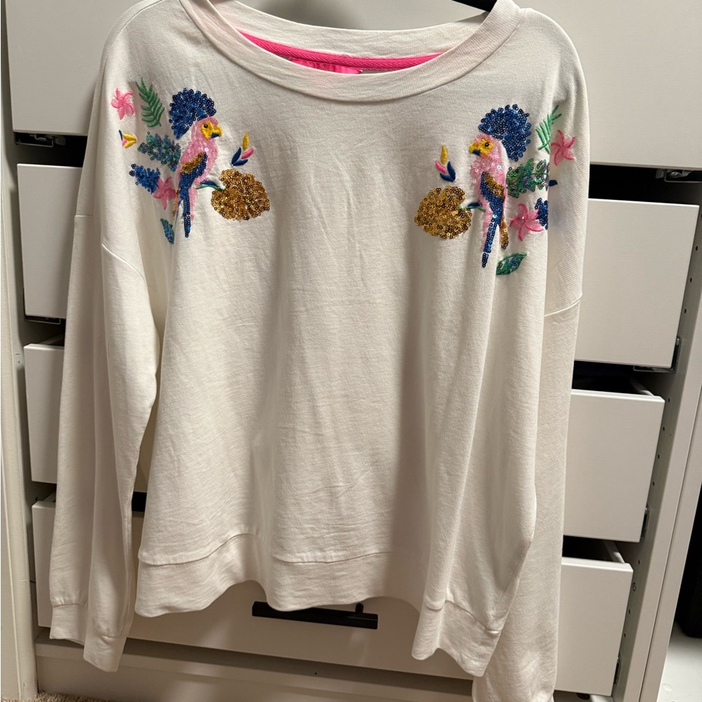 Lilly Pulitzer Sheridan Sweater —  White Sweater with Colorful Parrot Embroidery